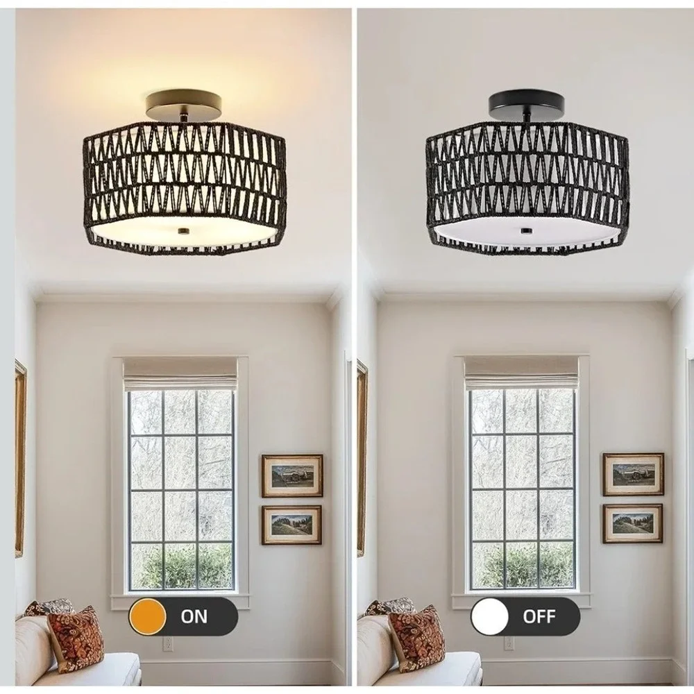12.6 Octagon Boho Style Rattan Ceiling 3 Light Flush Mount Black Ceiling Light